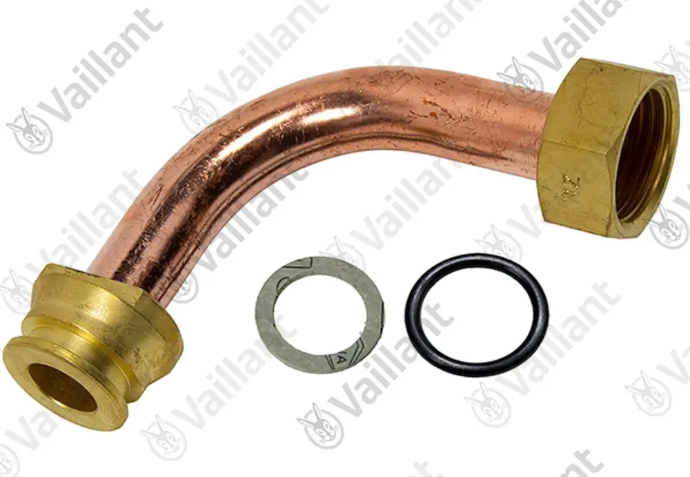 Knickrohr aus Kupfer mit Messinganschluss und Dichtungen. Produkt von Vaillant, geeignet für Kaltwasserinstallationen.